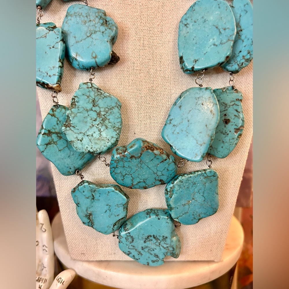Chunky Turquoise Slab Artisan Statement Necklace Bohemian - Picture 5 of 11